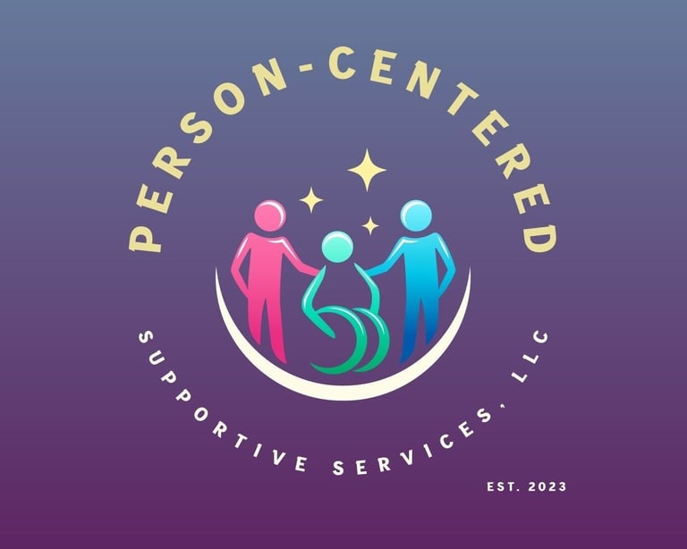 Person-Centered Supportive Services logo featuring colorful figures under a smile curve on purple gradient background, established 2023